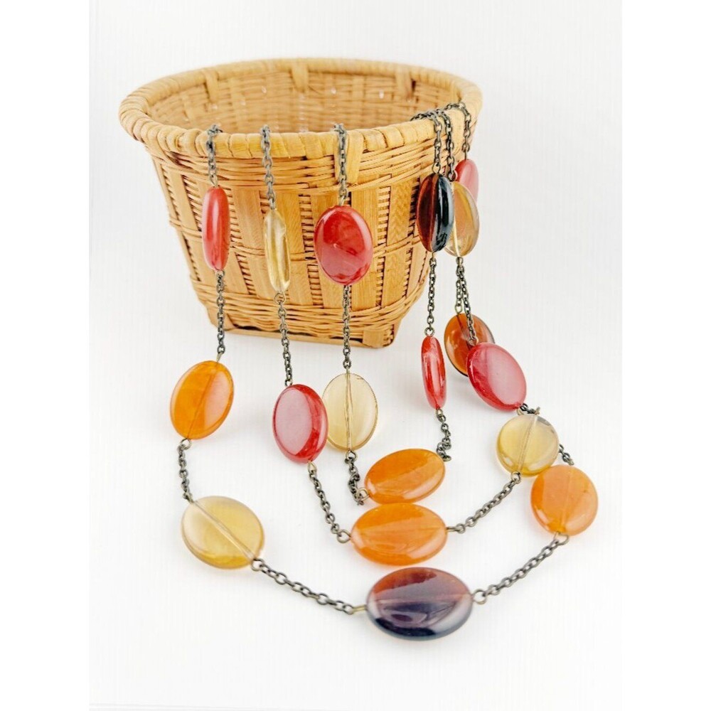 Vintage Boho Triple Strand Amber & Mahogany Resin Bead Necklace – Brass Tone